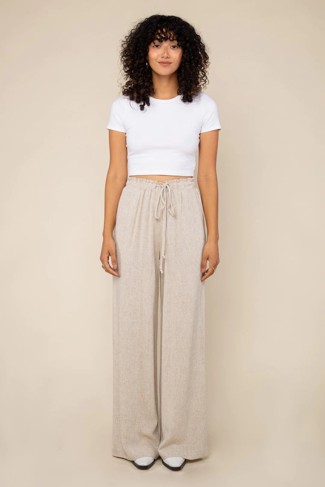 Drawstring Wideleg Linen Blend Pants NATURAL