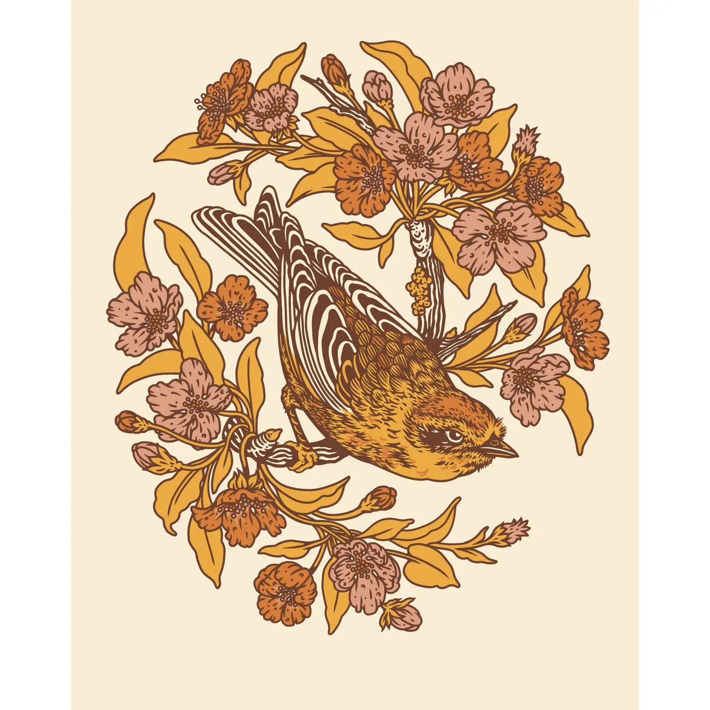 Palm Warbler & Plum Blossom Print by Mustard Beetle