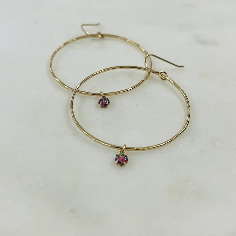 Gold Hoops w/ Opal Charm (White, Purple)