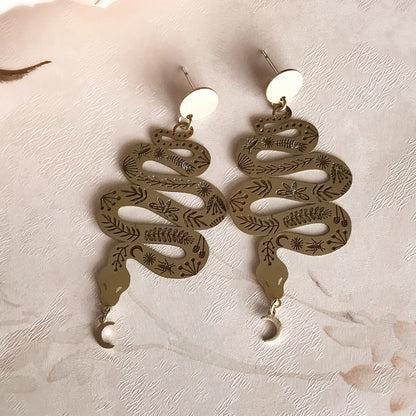 Etched Serpent Snake & Moon Brass Statement Earrings
