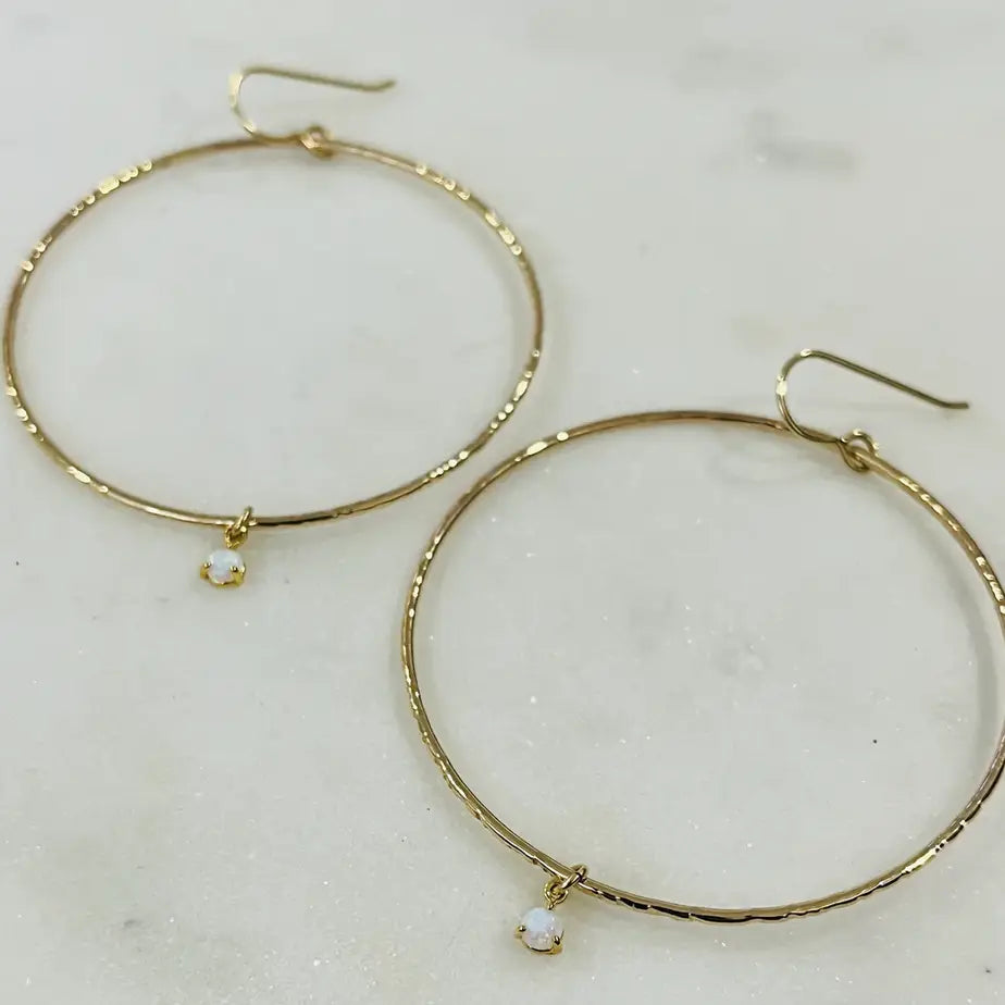 Gold Hoops w/ Opal Charm (White, Purple)