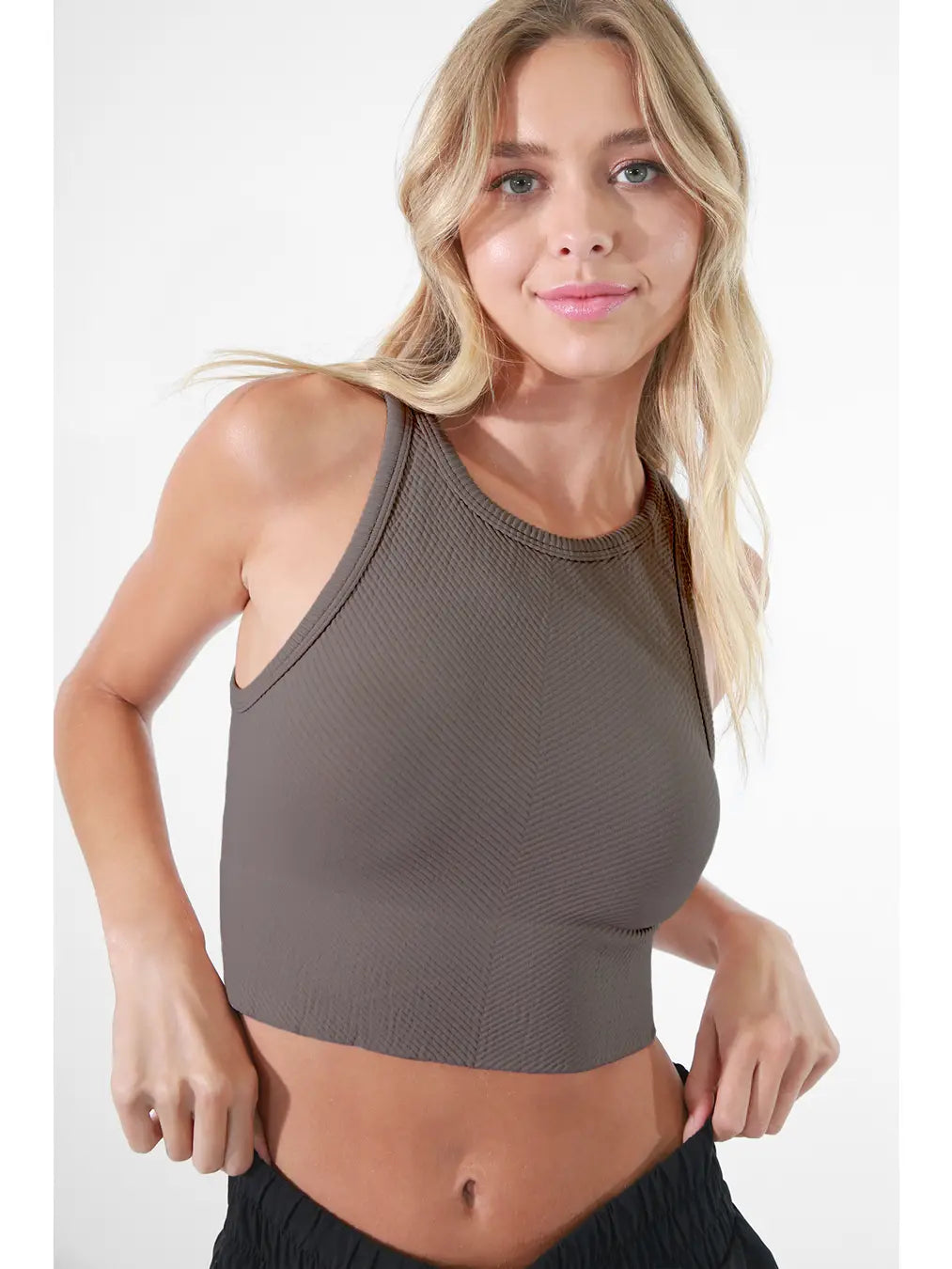 Seamless Chevron High Neck Crop Tank (Sage, Mahogany, Pewter, Black)