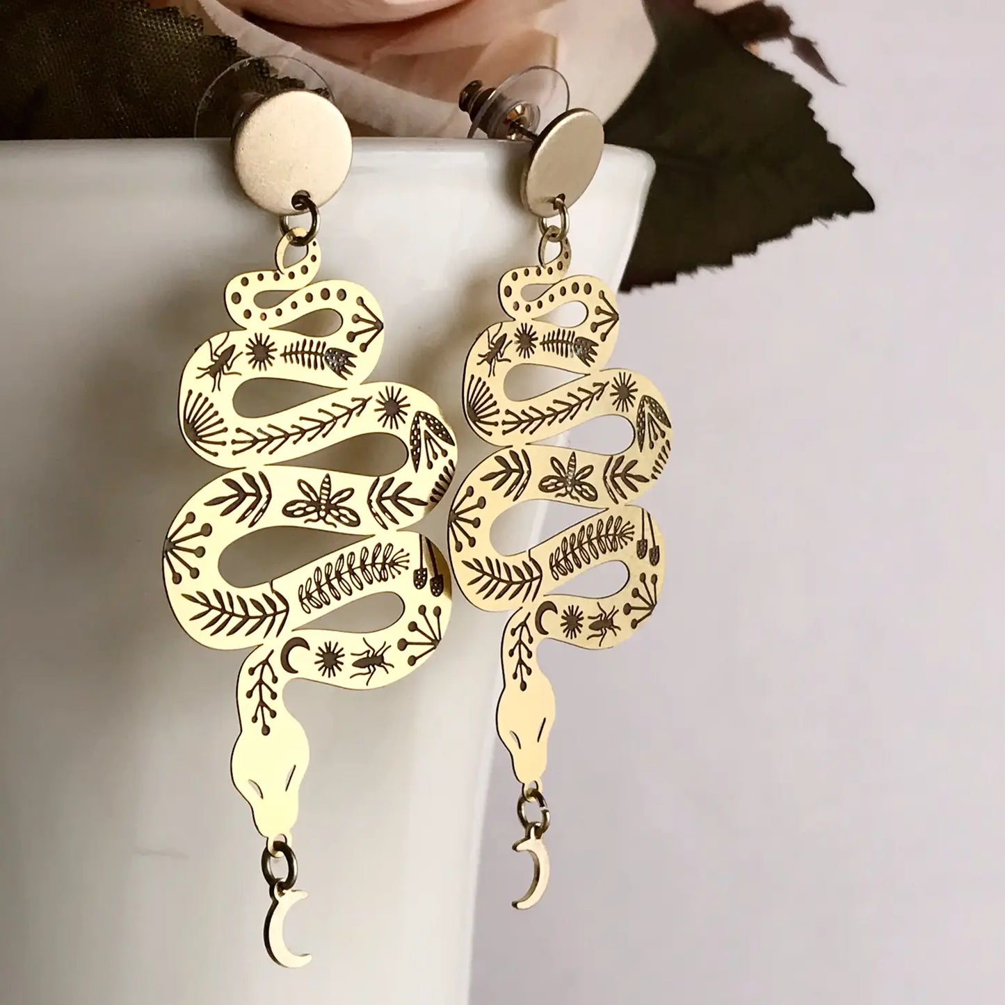 Etched Serpent Snake & Moon Brass Statement Earrings