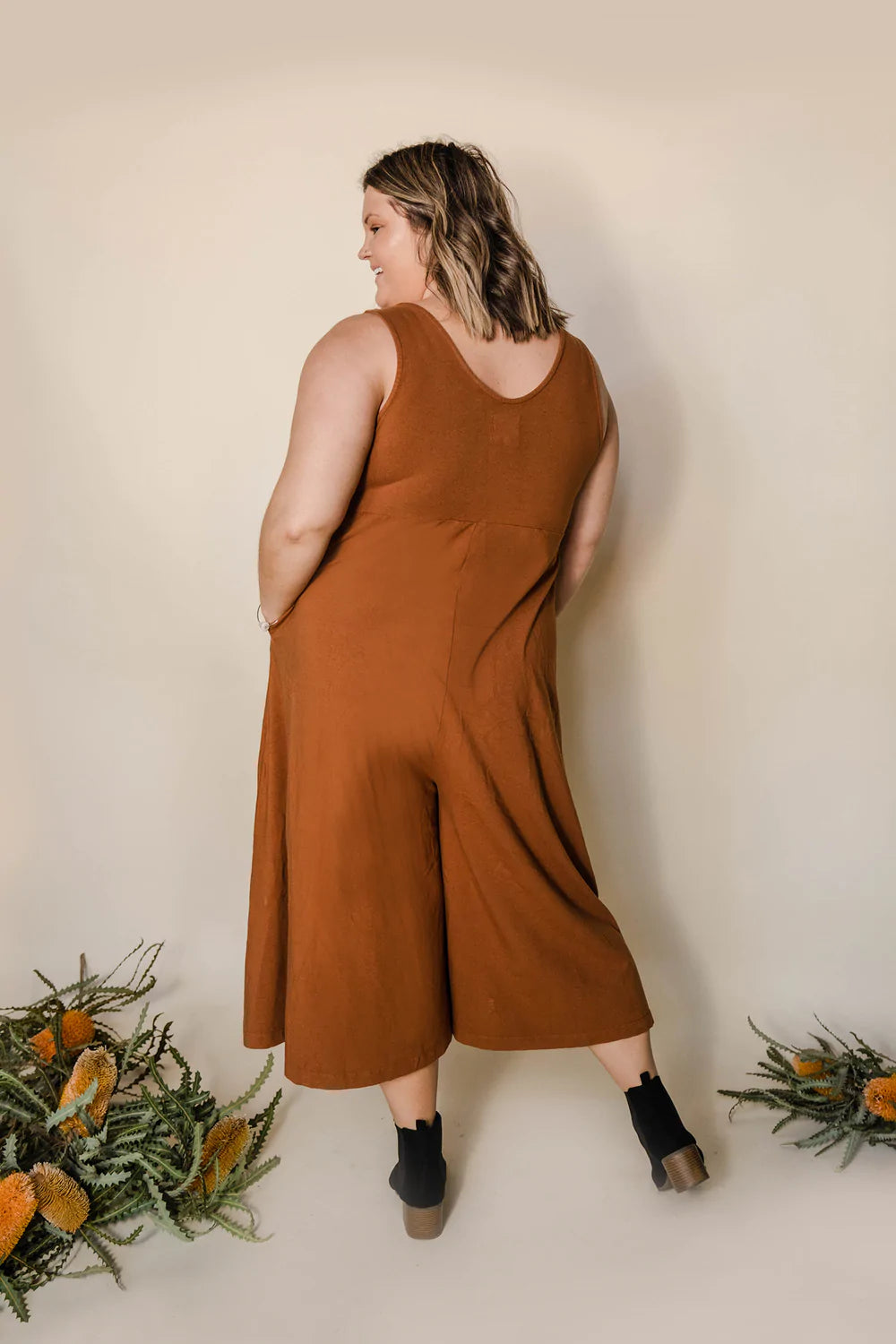 Mien Lakeside Organic Cotton Wideleg Jumpsuit SADDLE