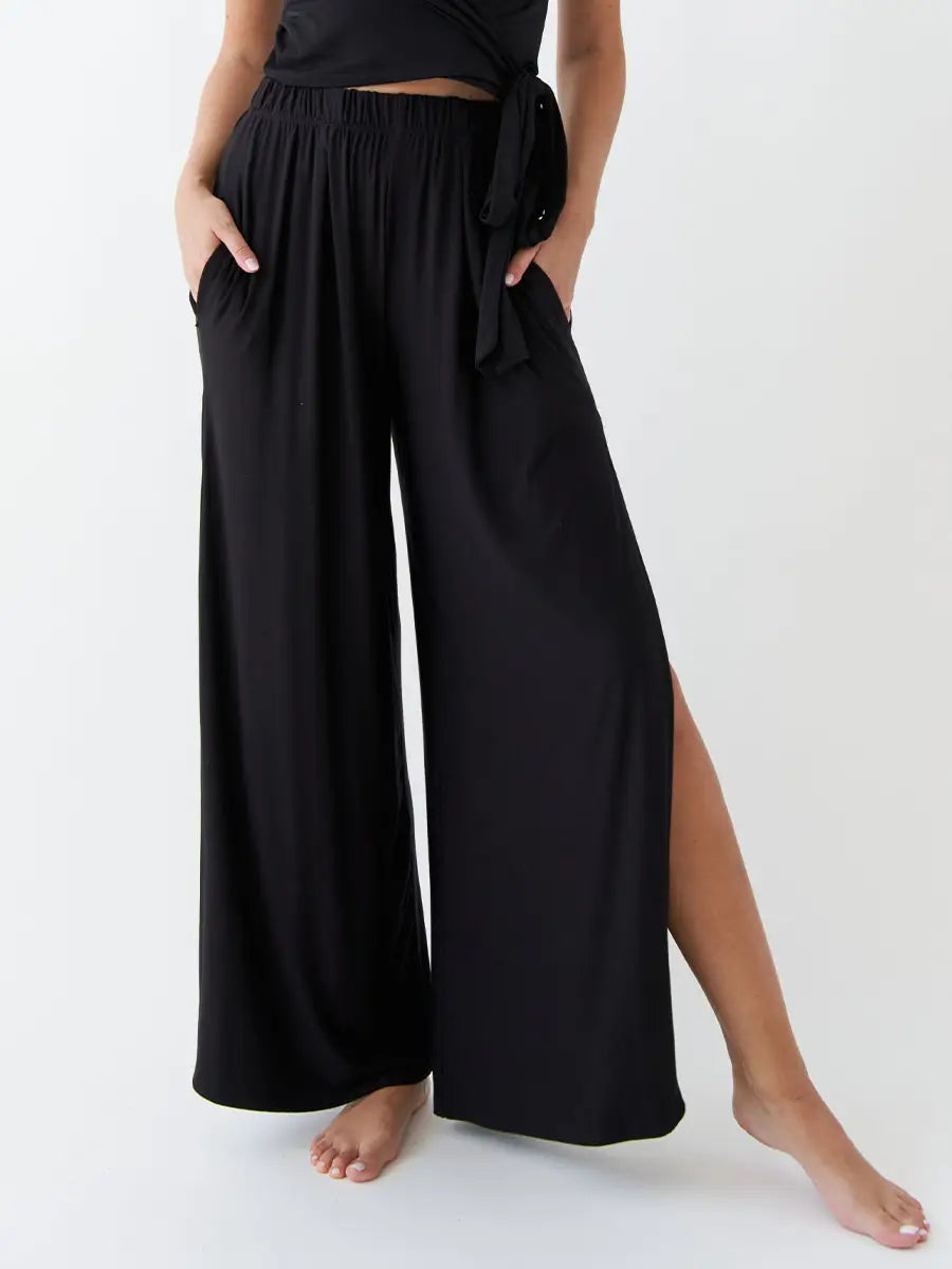 Bamboo Pleated Side Slit Pants