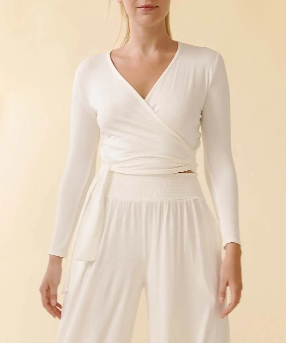 White long sales sleeve wrap top