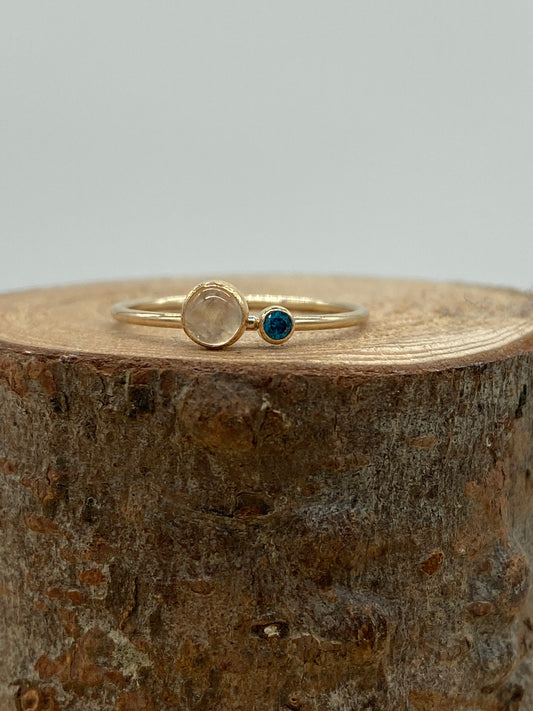 Rainbow Moonstone + Blue CZ Double Stone Ring (Gold)