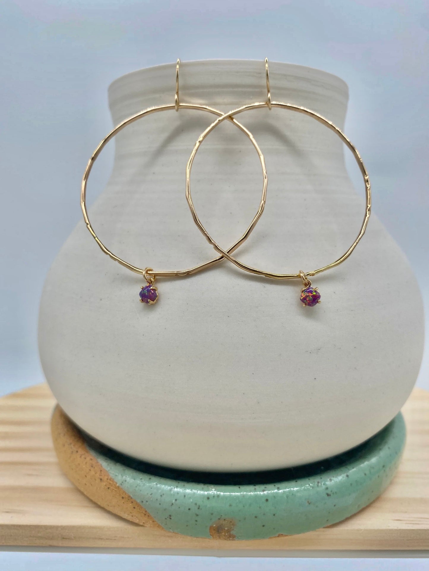 Gold Hoops w/ Opal Charm (White, Purple)