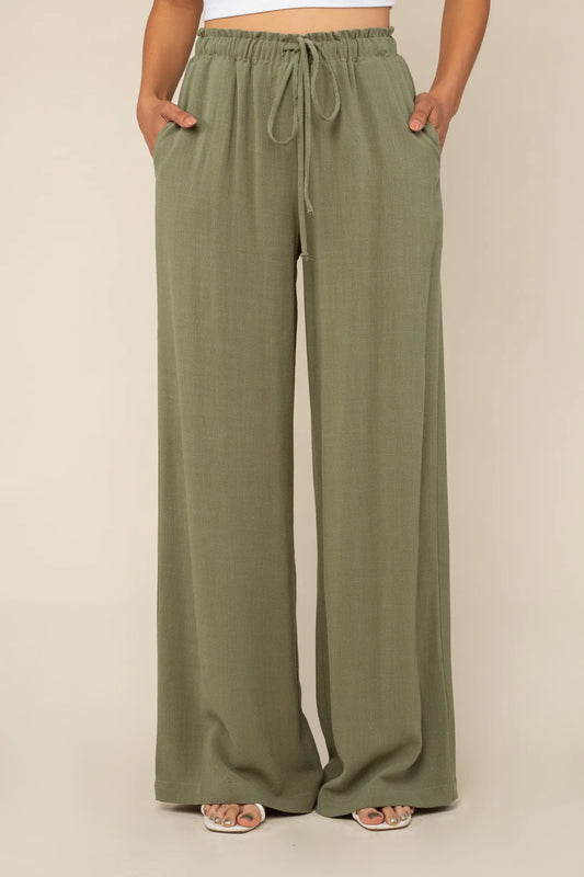 Drawstring Wideleg Linen Blend Pants SAGE