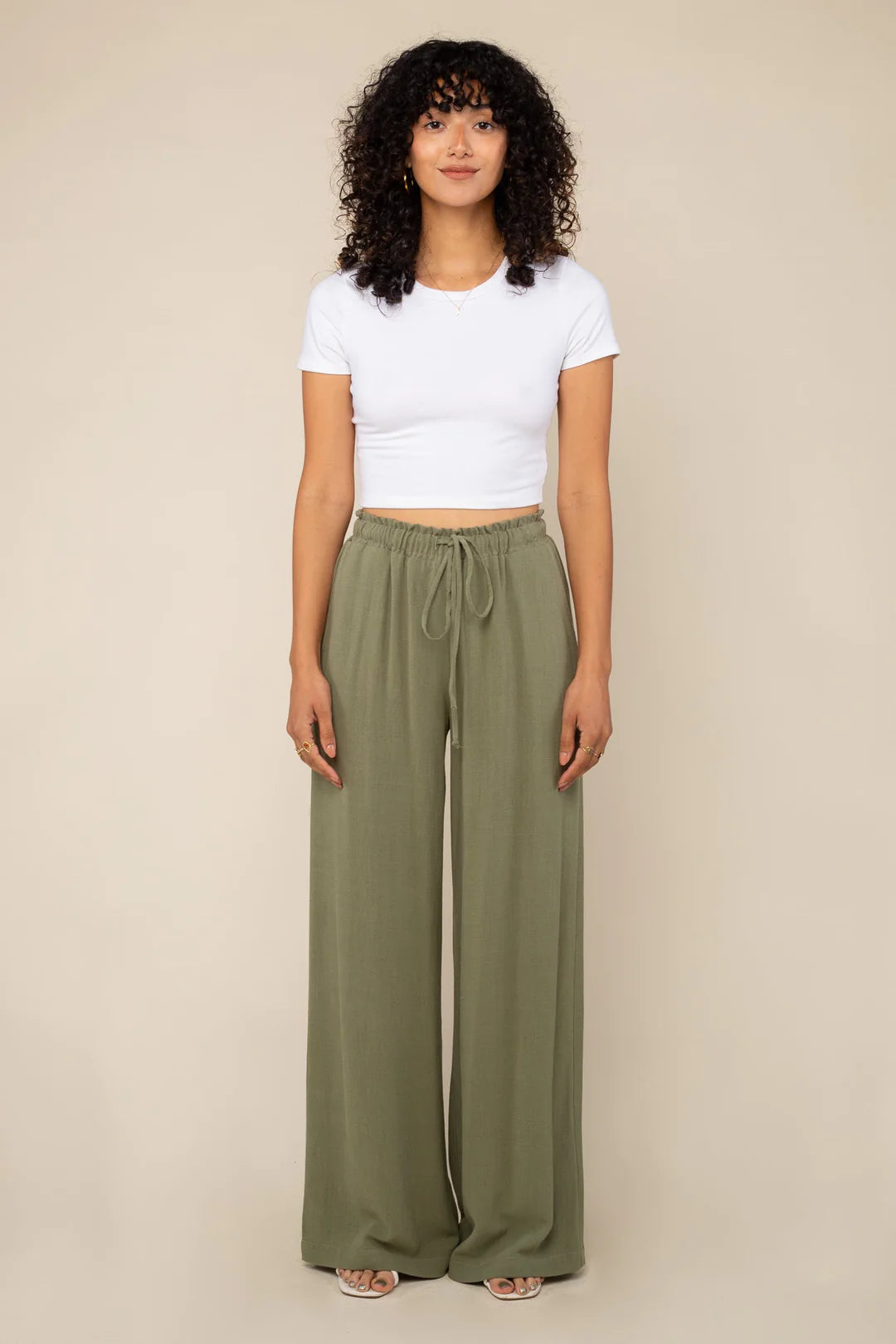 Drawstring Wideleg Linen Blend Pants NATURAL
