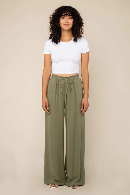 Drawstring Wideleg Linen Blend Pants NATURAL