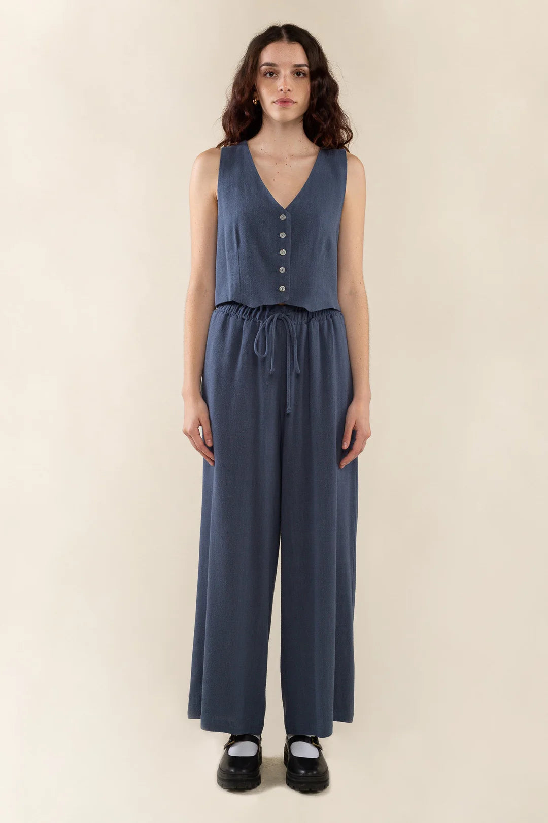 Drawstring Wideleg Linen Blend Pants NATURAL