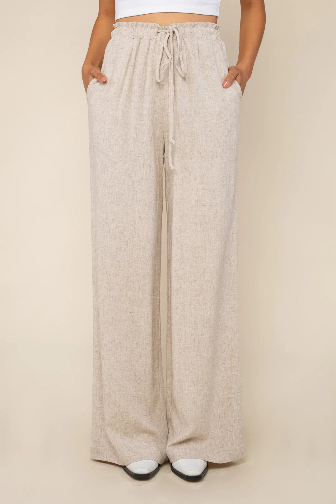 Drawstring Wideleg Linen Blend Pants NATURAL