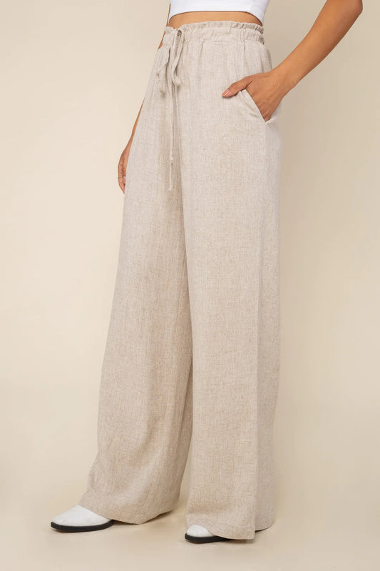 Drawstring Wideleg Linen Blend Pants NATURAL