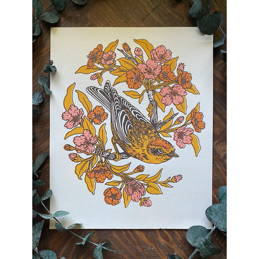 Palm Warbler & Plum Blossom Print by Mustard Beetle