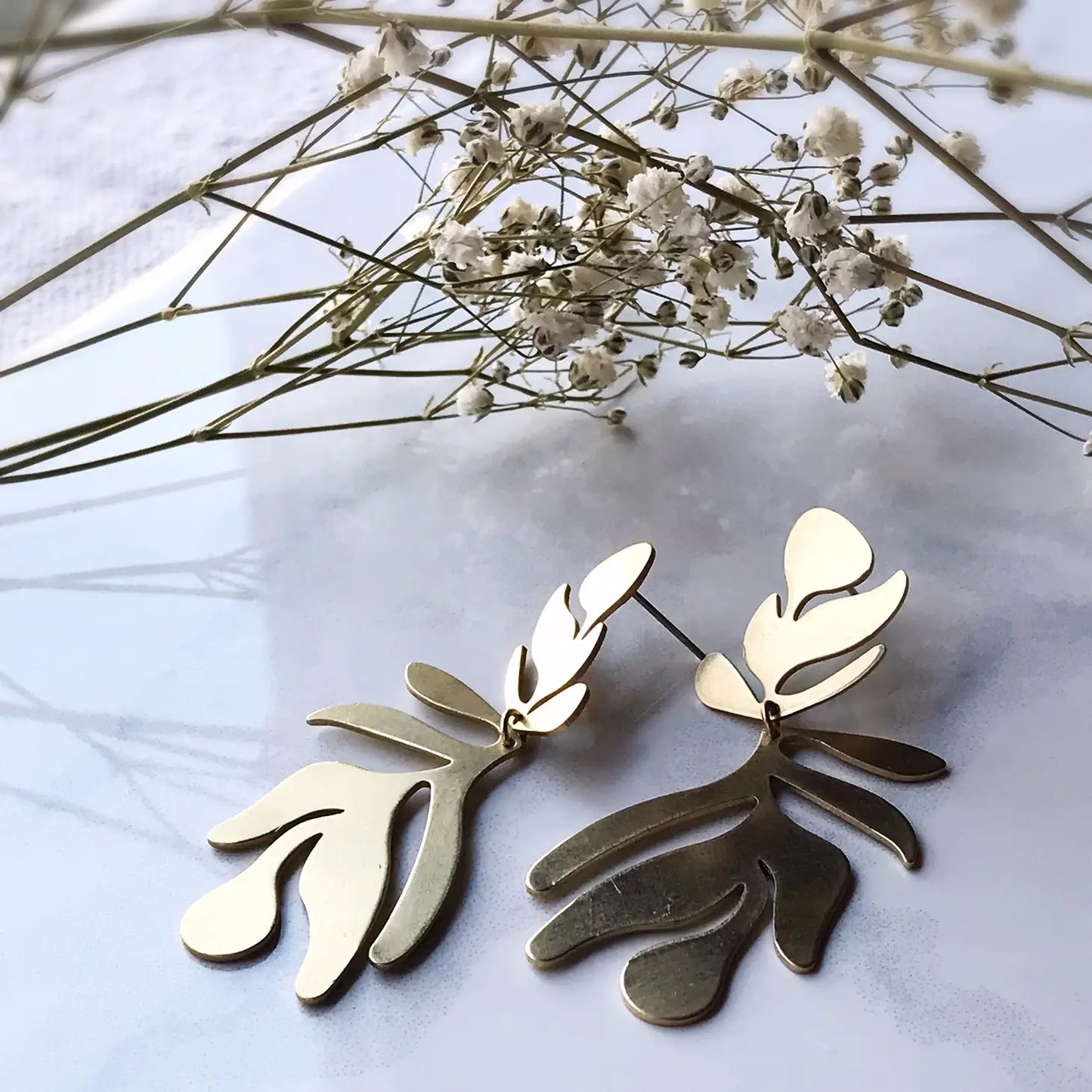 Frond Leaf Brass Statement Earrings