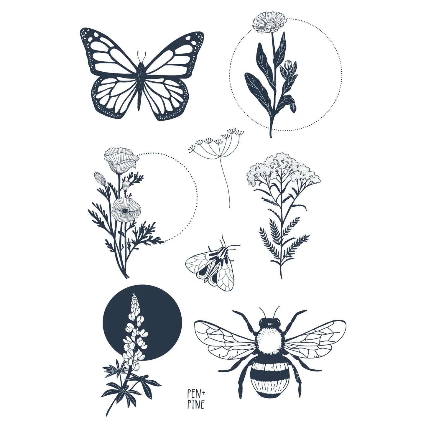 Wildflower Temporary Tattoo Sheet by Pen and Pine