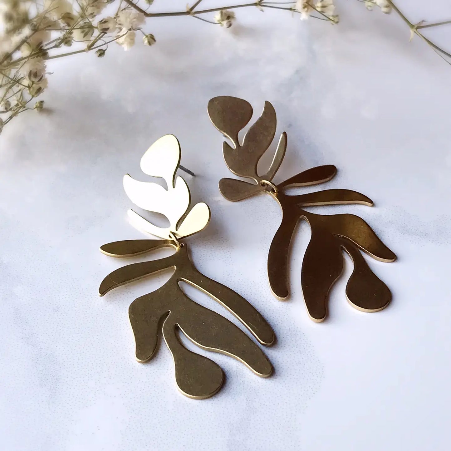 Frond Leaf Brass Statement Earrings