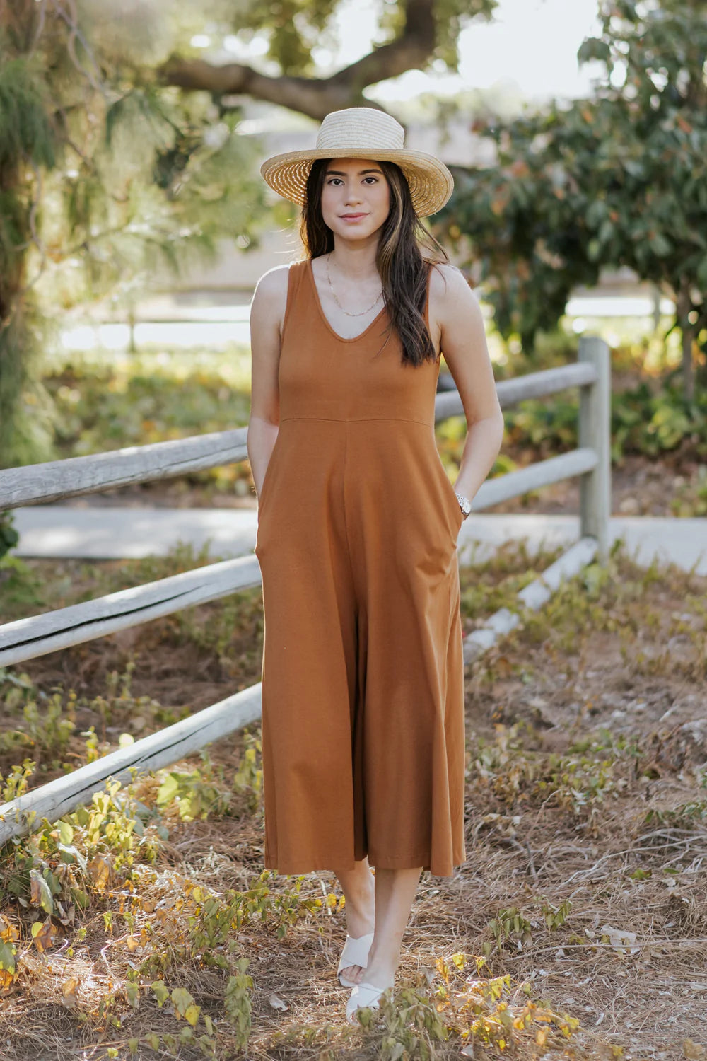 Mien Lakeside Organic Cotton Wideleg Jumpsuit SADDLE