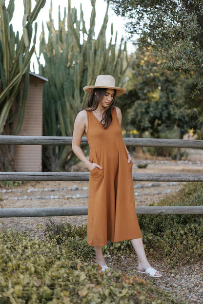 Mien Lakeside Organic Cotton Wideleg Jumpsuit SADDLE