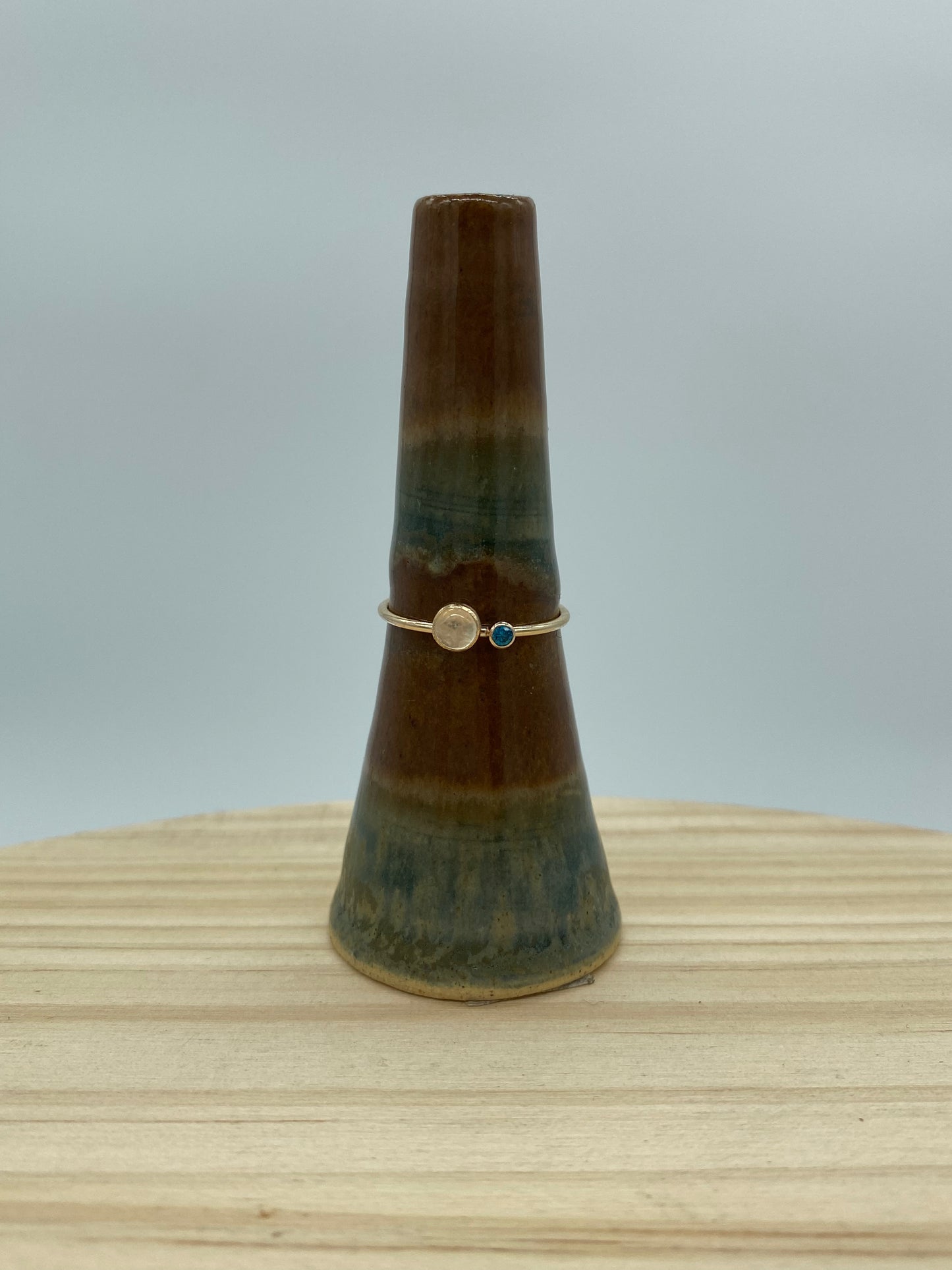 Rainbow Moonstone + Blue CZ Double Stone Ring (Gold)