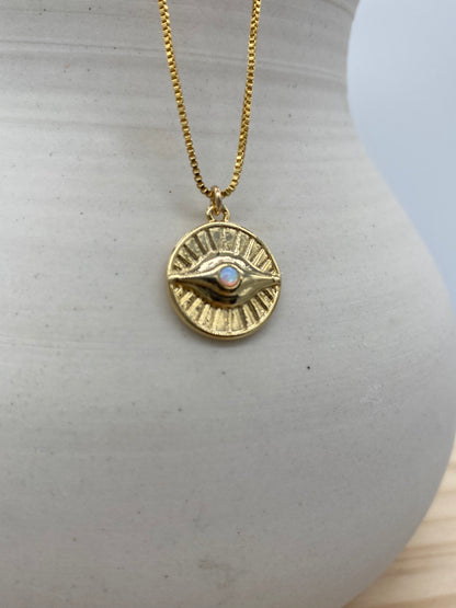 Opal Evil Eye Coin Necklace (16”, 18”)