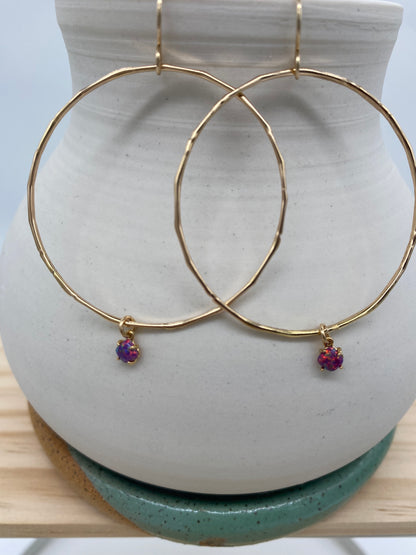 Gold Hoops w/ Opal Charm (White, Purple)