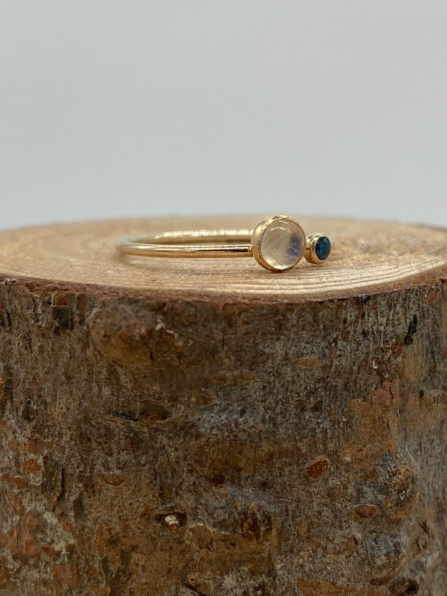 Rainbow Moonstone + Blue CZ Double Stone Ring (Gold)