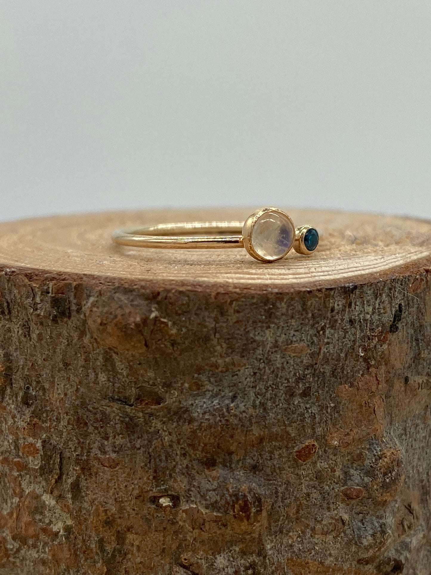 Rainbow Moonstone + Blue CZ Double Stone Ring (Gold)