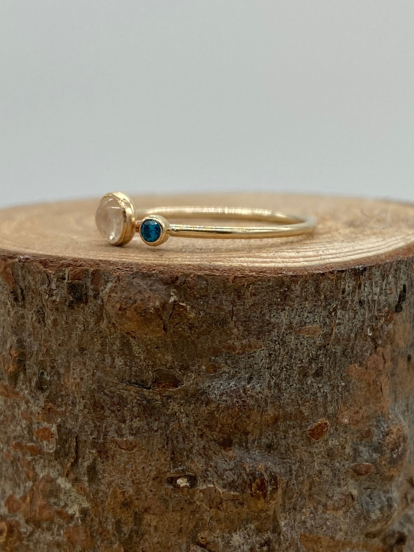Rainbow Moonstone + Blue CZ Double Stone Ring (Gold)