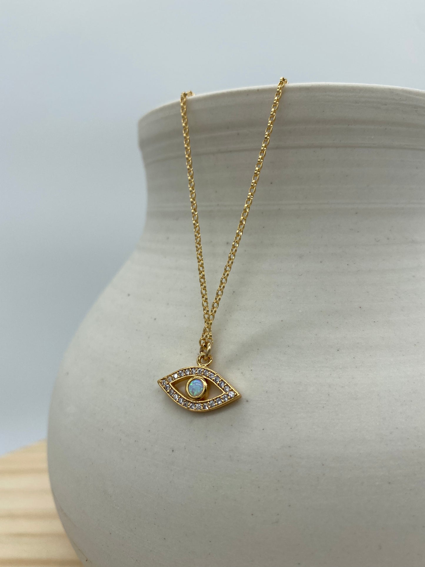 Opal CZ Pave Evil Eye Necklace (16”, 18”)