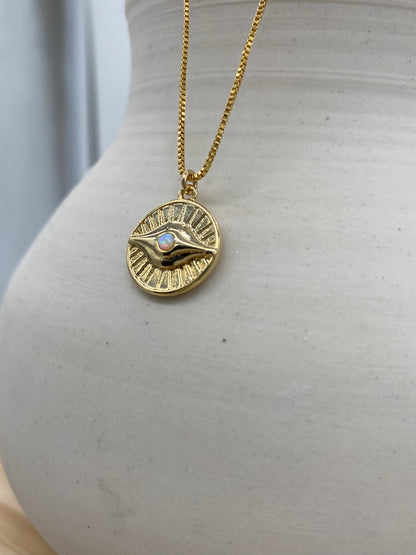 Opal Evil Eye Coin Necklace (16”, 18”)