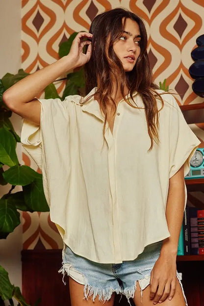 Cotton Curved Hem Button Up Top
