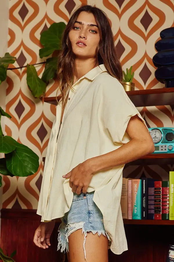 Cotton Curved Hem Button Up Top